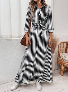 Breezaya Vestido camisero de rayas con cinturón para mujer de largo maxi - Negro - Ver 6