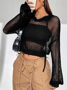 SHEIN Unity 女士空心設計束口連帽短款毛衣 - 黑色 - 查看 6