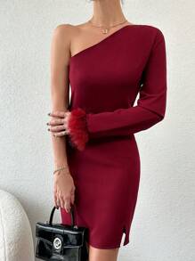EURMUSE Women's Solid Color One Shoulder Plush Cuff Slit Dress - Burgundy - View 1