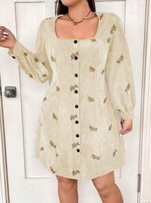 Flirla Damen Kleid In Übergröße Mit Blume Stickerei, Quadratischem Ausschnitt Und Einer Knopfleiste - Aprikosenfarben - Übersicht 7