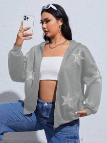 SHEIN EZwear 大码拉链星形图案卫衣 - 灰色 - 查看 1