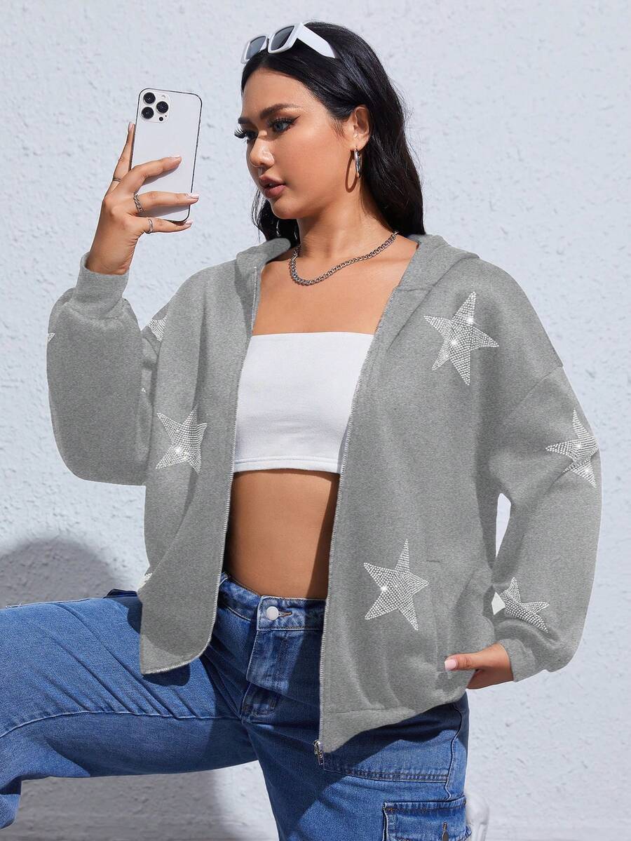 SHEIN EZwear 大码拉链星形图案卫衣 - 灰色 - 查看 1