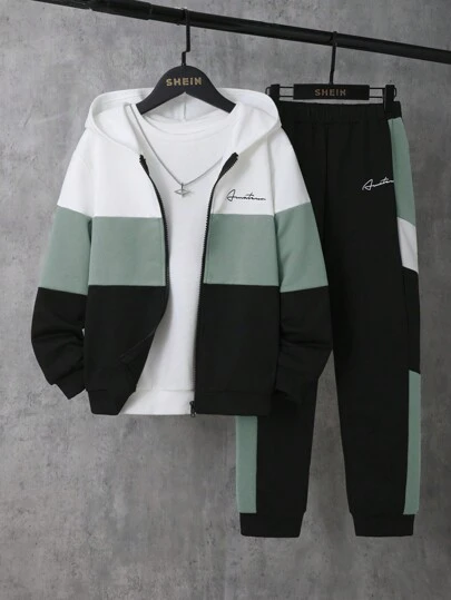 SHEIN 2 st/set för pojkar, kontrastfärgad, löst sittande tröja med huva, tröja + kontrastfärgade, casual träningsbyxor, fleece, förtjockade