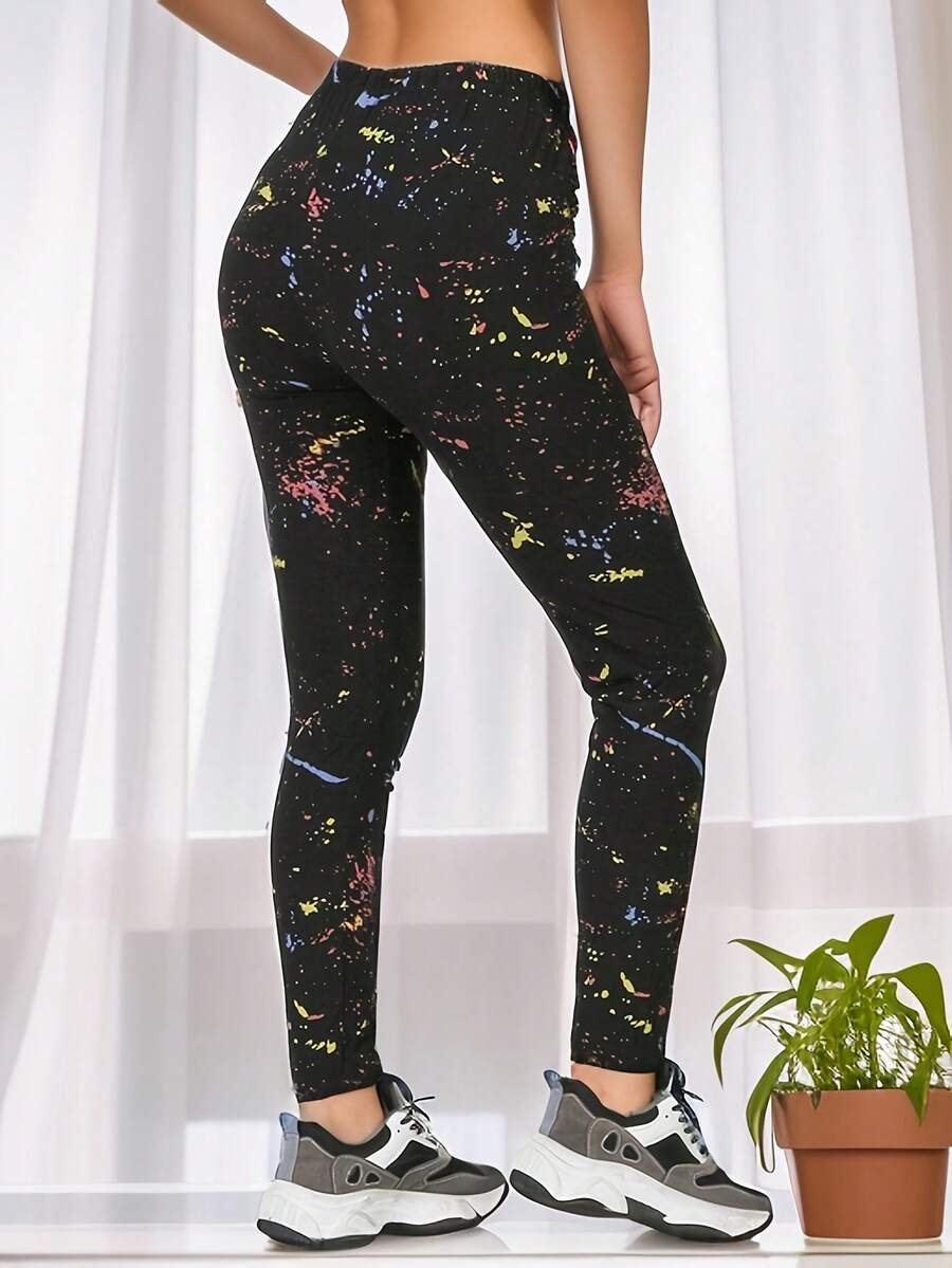 Splash Ink Print Leggings - Black - View 1