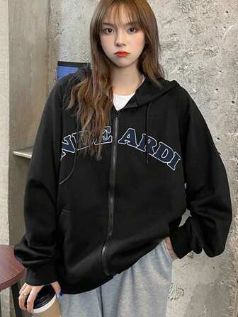 女士字母印花抽绳连帽长袖拉链运动衫