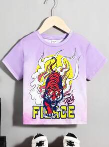 SHEIN 1 Miếng Bé trai Giải trí Biến đổi dần Vòng cổ Ngắn tay con hổ Thú vật & In thư Áo thun Đối với Trang phục trên phố - Màu tím - Xem 1