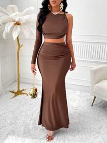 SHEIN Slayr 纯色不对称领短款上衣和美人鱼下摆短裙两件套 - 咖啡棕 - 查看 1