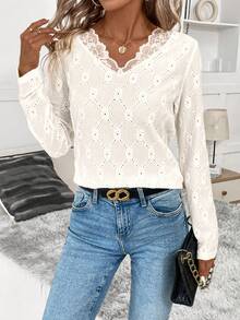 SHEIN Clasi 女性花邊拼接長袖t恤 - 杏色 - 查看 6