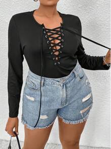 Flirla 大尺碼女用孔眼繫帶長袖 T 卹 - 黑色 - 查看 1