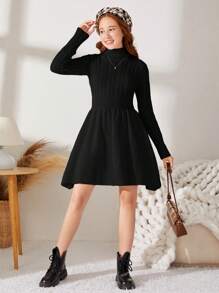 SHEIN 少女休閒a字高領套頭毛衣裙,長袖 - 黑色 - 查看 3