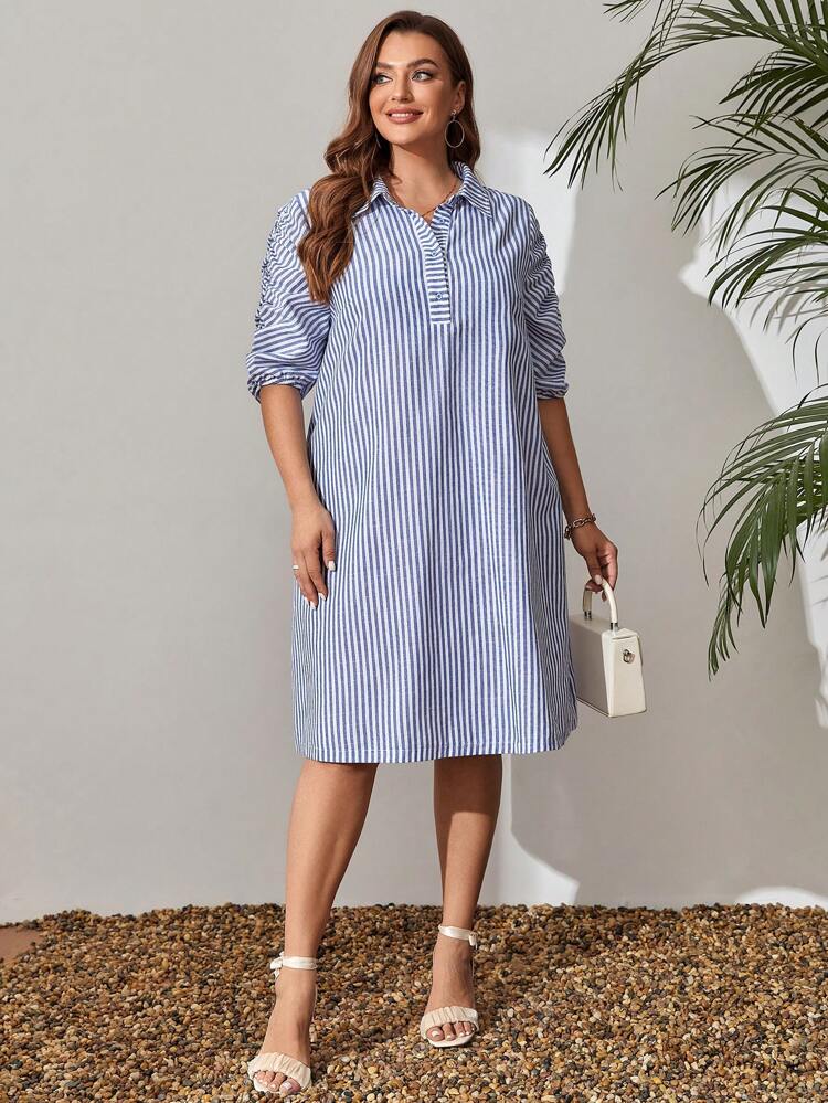 Plus Size Women Polo Collar Striped Short Sleeve Elegant Dress With Pleated Hem For Spring, Summer,Vacation