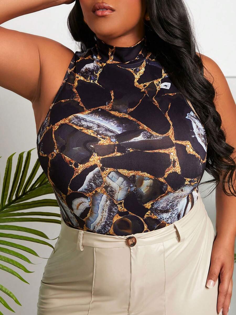 SHEIN Slayr Women'S Plus Size Marble Printed Stand Collar Tank Top For