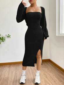 SHEIN EZwear 高開叉裙擺＆無肩帶胸衣連身裙和短外套套裝2入組 - 黑色 - 查看 1