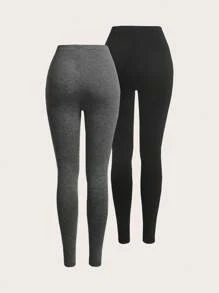 SHEIN EZwear 2pcs Casual Solid Color Elastic Waist Leggings - Multicolor - View 2