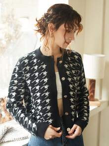 Knit Mix Women Houndstooth Cropped Cardigan - Black - View 5