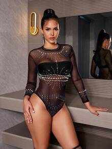 狂欢节珍珠串珠水钻装饰圆领网眼透视长袖紧身衣不含内衣套装 - 黑色 - 查看 5