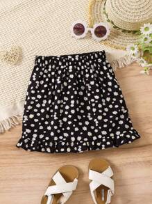 SHEIN 年輕女孩花卉印花荷葉邊包裝裙 - 黑色 - 查看 2