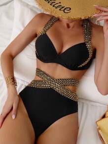 SHEIN Swim Summer Beach Women's Dd Cup Bikini Set (Padded Cups And Underwire) - Multicolor - View 1