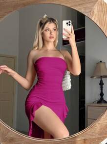 Sweetina Women's Bandeau Dress With Double Slit And Ruffled Hem - Red Violet - View 5