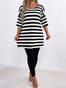 Bộ áo sọc trễ vai và quần legging cỡ lớn cho nữ, mùa hè - Đen và trắng - Xem 3