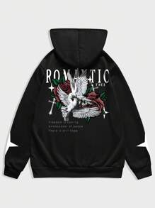 ROMWE MEN Goth 男士抽繩鴿與標語印花長袖連帽衫 - 黑色 - 查看 5
