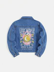 SHEIN Teenage Girls' Letter Printed Denim Jacket - Medium Wash - View 1