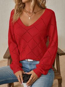 SHEIN Clasi Women's V-Neck Drop Shoulder Sweater,Long Sleeve Tops In Fall/Winter - Red - View 6