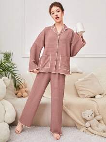 SHEIN Teenage Girls' Color Block Contrast Hem Lapel Pockets Shirt And Pants Homewear Set - Dusty Pink - View 3