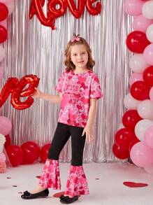 SHEIN Little Girls' Heart Printed T-shirt And Flared Pants Two Piece Set - Red and White - View 5