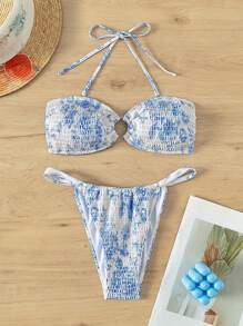 Conjunto de bikini con aros push-up, tirantes de anudar y partes separadas en diseño tie-dye para mujer, ideal para carnaval y playa de verano - Multicolor - Ver 1