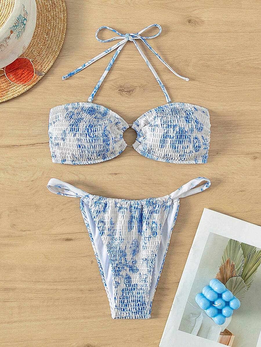 Conjunto de bikini con aros push-up, tirantes de anudar y partes separadas en diseño tie-dye para mujer, ideal para carnaval y playa de verano - Multicolor - Ver 1