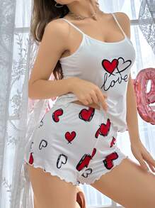 Ensemble pyjama avec débardeur et short imprimé cœur, ensemble blanc