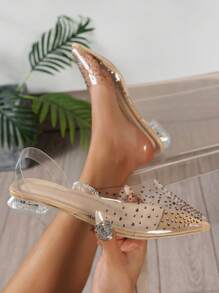 Women's Flat Shoes With Rhinestone, Latest Style Apricot-Colored Shoes, Transparent Crystal Heels, Elegant Ladies' Shoes With Crystal Clear Transparent Flat Soles For Weddings; Platform Low-Cost Women's Outdoor Flat Shoes, Women's Sexy And Seductive Shoes
