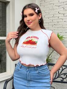 SHEIN EZwear 大尺碼女士草莓圖案蕾絲邊背心，適用於夏季 - 白色 - 查看 8