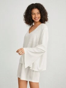 Ocili Leisure Ladies' V-Neck Flare Sleeve Homewear Top - Beige - View 4