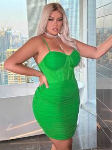 SHEIN SXY New Years Women's Plus Size Solid Color Pleated Strap Bandage Dress - Green - View 6
