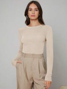 BizChic 女士纯色弹力修身长袖毛衣，浪漫优雅日常时尚商务休闲通勤款，适合办公室、教师、秋冬季商务休闲穿着。 - 卡其色 - 查看 4