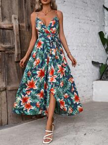 SHEIN VCAY Women'S Floral Print Wrap Belted Spaghetti Strap Dress - Multicolor - View 3