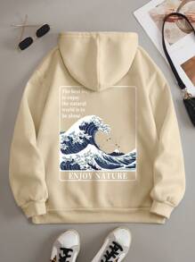 SHEIN EZwear Hooded Casual Sweatshirt With Text Print - Apricot - View 1