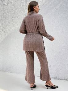SHEIN Frenchy Bộ đồ hai mảnh thông thường có cổ màu trơn cỡ lớn - màu nâu - Xem 2