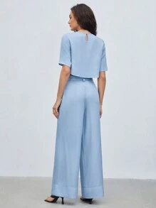 BizChic 2 cái/bộ Vòng cổ Ngắn tay Áo Và Cao eo Thắt lưng Quần - Màu xanh nhạt - Xem 5