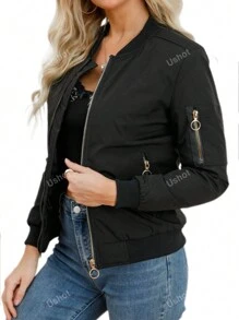Women'S Solid Color Bomber Jacket With Pockets, Long Sleeve Zipper Jacket Casual Lightweight Autumn And Winter Clothing