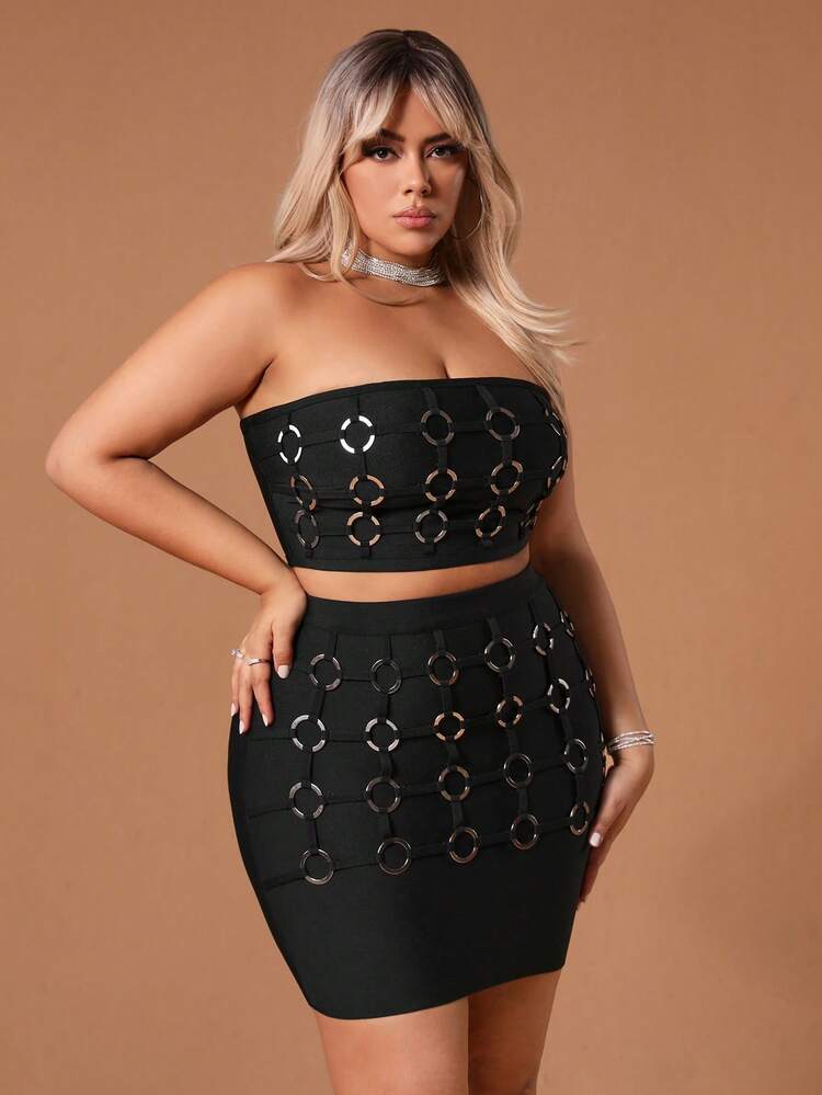 New Years Women Outfit Plus Size Circle Ring Bandeau Bandage Top And Bandage Skirt Set
