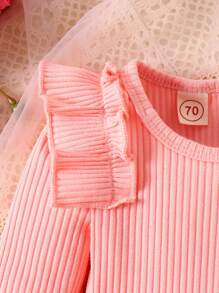 可爱女婴柔软舒适透气蝴蝶结印花连体衣和荷叶边格纹叠层裙 - 彩色 - 查看 5