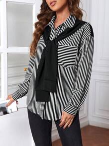 EMERY ROSE Áo sơ mi sọc dọc in họa tiết 2 trong 1 dành cho nữ, áo dài tay - Đen và trắng - Xem 1