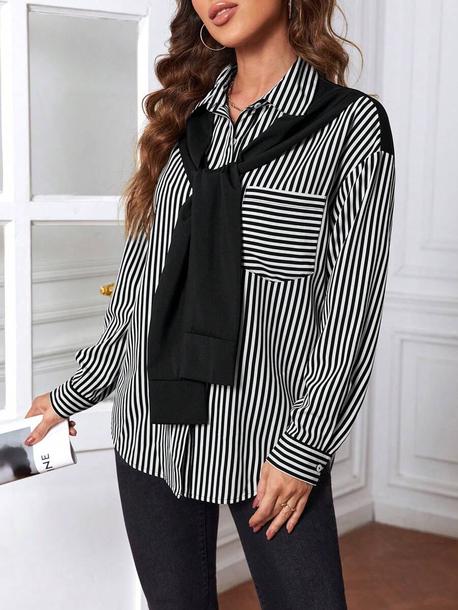 EMERY ROSE Áo sơ mi sọc dọc in họa tiết 2 trong 1 dành cho nữ, áo dài tay - Đen và trắng - Xem 1