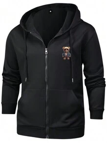 Men's Long Sleeve Bear Print Drawstring Rave Hooded Jacket, For Fall - Black - View 3