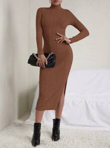 SHEIN Essnce Long Sleeve Split Side Dress - Coffee Brown - View 1