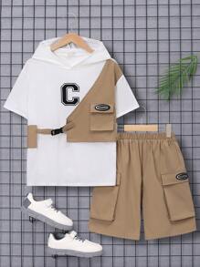 SHEIN Leap Crew Tween男孩寬鬆休閒連帽字母圖案2合1t恤和短褲套裝 - 卡其色 - 查看 7