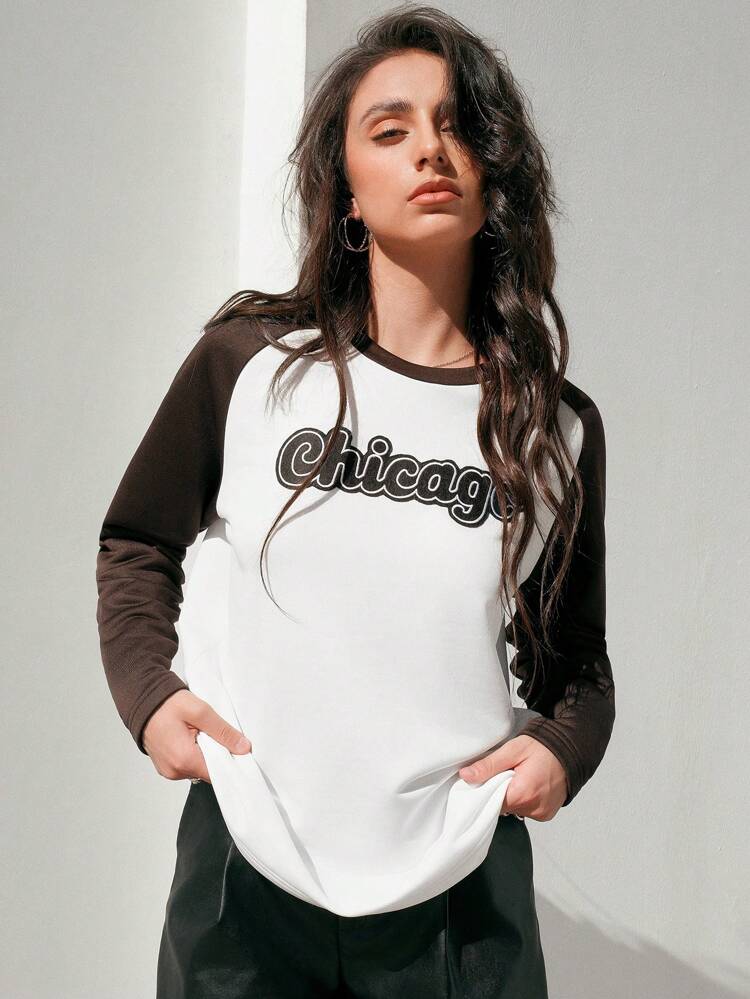Women's Raglan Long Sleeve Color Block T-Shirt With Letter Patch Fall Cloth For Women